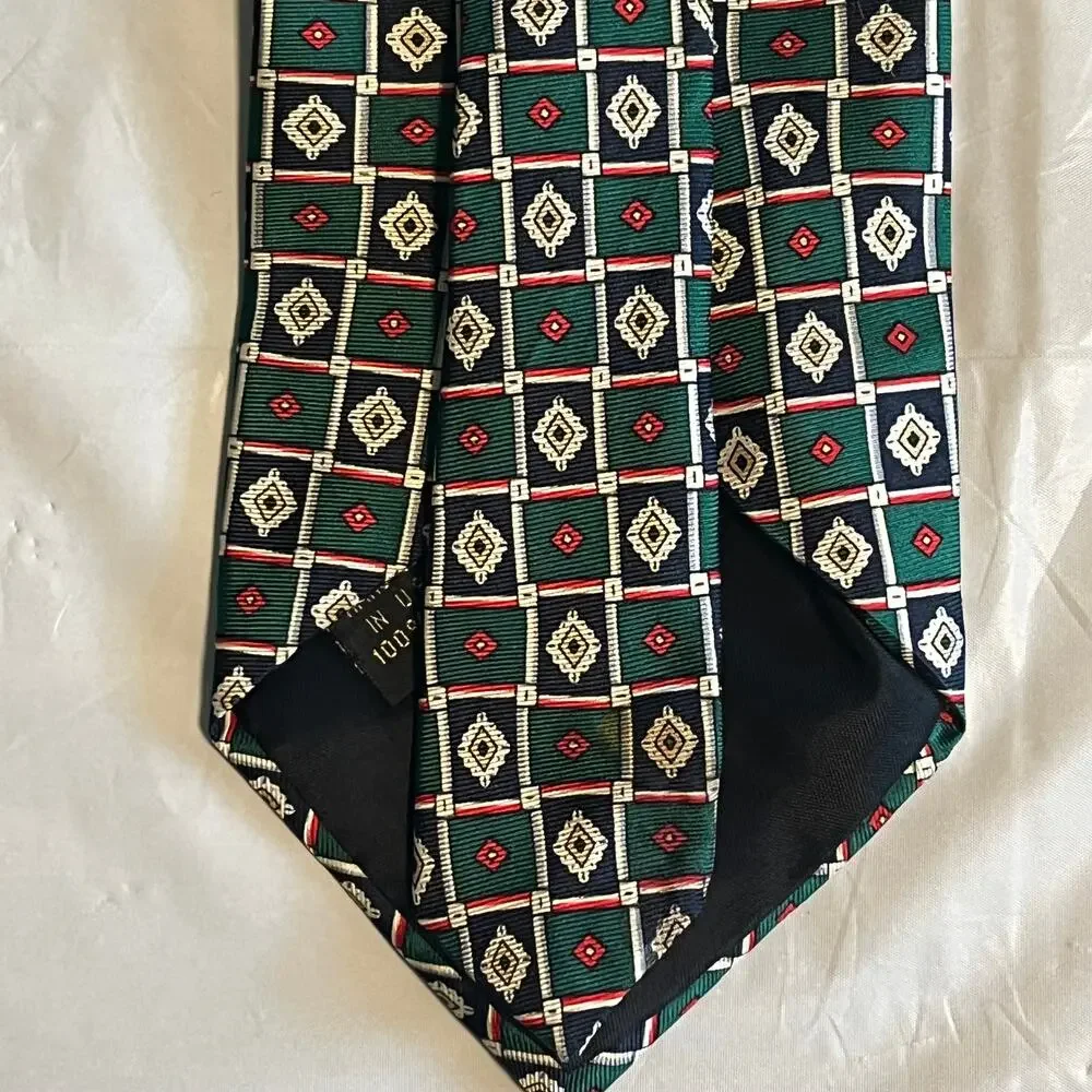 Vintage HUNTING HORN Green Navy Red Medallion Print Silk Men's Tie 63